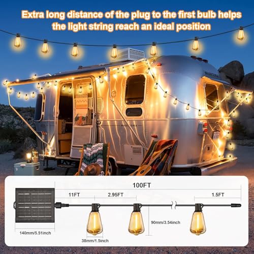 100FT Solar String Lights Outdoor Waterproof with Remote & Timer, LED Shatterproof ST38 Bulbs, USB & Solar Powered Patio Lights for Backyard, Porch, Garden, Wedding Decor, Dusk to Dawn Lighting