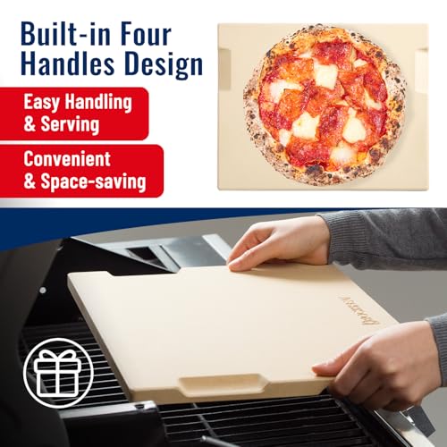 ROCKSHEAT Pizza Stone for Oven and Grill, 15x12 Inch Cordierite Baking Stone with 4 Built-in Handles, 7.4lbs Heavy Duty Thermal Shock Resistant for Crispy Crust Pizza Bread Cookies BBQ