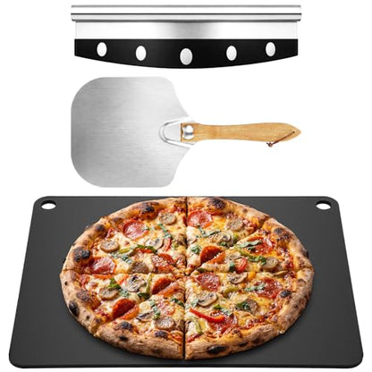 Suttmin 3 Pieces Baking Pizza Steel Set 16"x13" Carbon Steel Pizza Stone for Oven and Grill Folding Aluminum Spatula Food Grade Cutter Rocker Blade for Cooking Home Restaurant Bread Steak BBQ