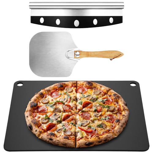 Suttmin 3 Pieces Baking Pizza Steel Set 16"x13" Carbon Steel Pizza Stone for Oven and Grill Folding Aluminum Spatula Food Grade Cutter Rocker Blade for Cooking Home Restaurant Bread Steak BBQ