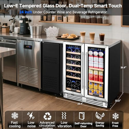 BODEGA 24 Inch Wine and Beverage Refrigerator, Dual Zone Wine and Bar Beverage Cooler, Commercial Black Bar Cooler With 2 Glass Doors, Bar Fridge Hold 19 Bottles and 57 Cans,Built-In or Freestanding.