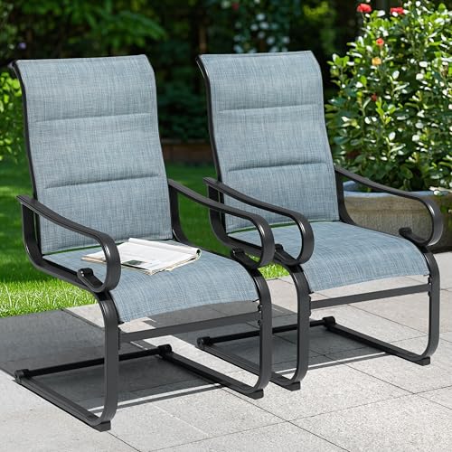 NUU GARDEN Set of 2 Padded Textilene Patio Dining Chairs C Spring Outdoor Chairs with Curved Armrests Powder Coated Metal Frame Patio Furniture for Garden Backyard Poolside Lawn Blue and Black