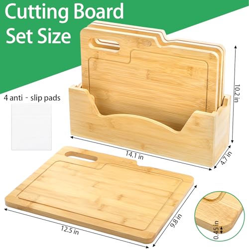 ZENFUN 4 Pack 12.5"L x 9.8"W Bamboo Cutting Boards with Holder, Wood Cutting Board Set, Chopping Boards Set with Food Icons, Kitchen Cutting Board Ideal for Meat, Fish, Bread, Vegetable, Fruit