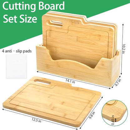 ZENFUN 4 Pack 12.5"L x 9.8"W Bamboo Cutting Boards with Holder, Wood Cutting Board Set, Chopping Boards Set with Food Icons, Kitchen Cutting Board Ideal for Meat, Fish, Bread, Vegetable, Fruit