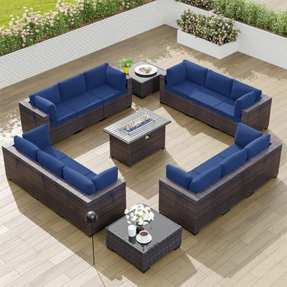 Kullavik 15 Piece Outdoor Wicker Patio Furniture Set with Fire Pit Table