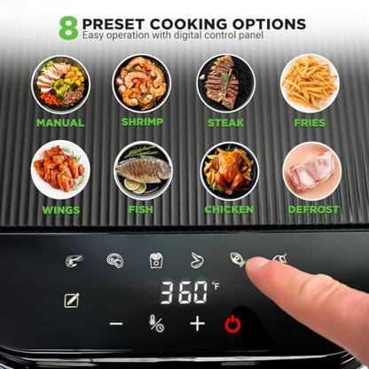 Nutrichef 5.8 Quart Air Fryer | 8-1 Preset Cook Modes | Transparent Fry Bowl for Best Cooking Results | Cook Shrimp, Steak, Fries, Wings, Chicken & More | Precise Temperature Control & Time | Grey