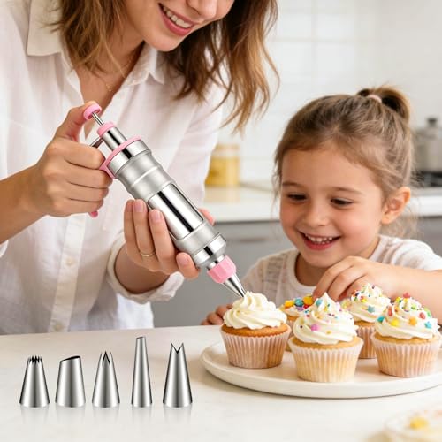 Dessert Decorating Syringe Set, Frosting Piping Kit Stainless Steel Cake Decorating Tools with 6 Piping Tips & 9 Silicone Cupcake, Cake Decorating Kit for Beginners
