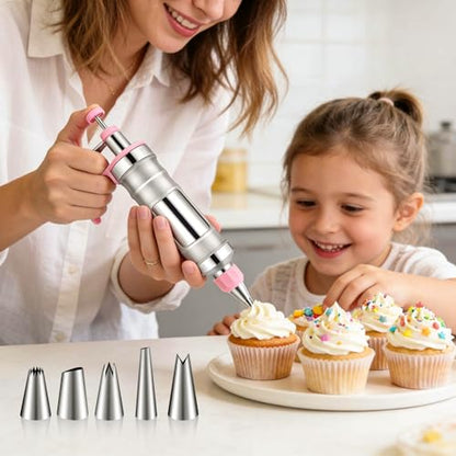 Dessert Decorating Syringe Set, Frosting Piping Kit Stainless Steel Cake Decorating Tools with 6 Piping Tips & 9 Silicone Cupcake, Cake Decorating Kit for Beginners
