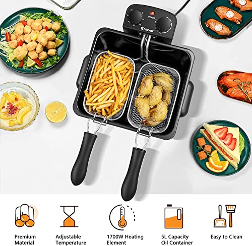 5.3QT Electric Deep Fryer with 3 Baskets, SIMOE 5L Stainless Steel Deep Fryer w/60 Timer & Lid with View Window, Home Countertop Oil Fryer w/Temperature Control for Kitchen, Party, French Fries