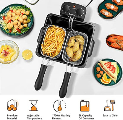 5.3QT Electric Deep Fryer with 3 Baskets, SIMOE 5L Stainless Steel Deep Fryer w/60 Timer & Lid with View Window, Home Countertop Oil Fryer w/Temperature Control for Kitchen, Party, French Fries