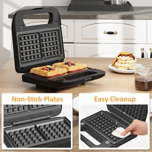 3 in 1 Electric Sandwich Maker with Removable Nonstick Plates - 750W, Black for Belgian Waffle/Panini/Grill/Pancake Griddle/Breakfast, Dishwasher Safe, Cool Touch Handle, Easy to Clean & Store