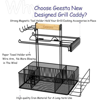Geesta Grill Caddy for Outdoor Grill, BBQ Picnic Camping Caddy with Paper Towel Holder & Magnetic Tool Holder, Condiment Storage Utensil Kitchen Organizer for RV Camper, Tailgate Accessories