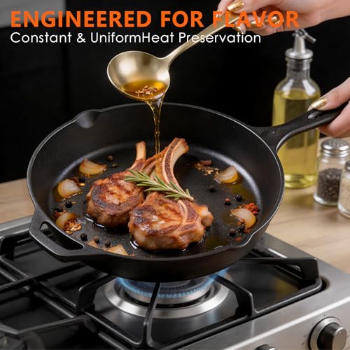 Asderote 6 Piece Pre-Seasoned Cast Iron Cookware Set – Incl. 5QT Dutch Oven with Lid, 8'' and 10.25'' Cast Iron Skillets, 10.5'' Round Griddle, and a Square Grill Pan for Kitchen, Stovetop, & Camping