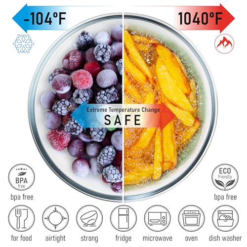 dokaworld Set of 5 Nesting Glass Bowls with New Updated Acacia Lids for Foodprep, Storage, Mixing & Cooking - Microwave & Oven-ready BPA Free Durable Heat Resistant Inert Borosilicate Glass