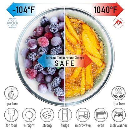 dokaworld Set of 5 Nesting Glass Bowls with New Updated Acacia Lids for Foodprep, Storage, Mixing & Cooking - Microwave & Oven-ready BPA Free Durable Heat Resistant Inert Borosilicate Glass