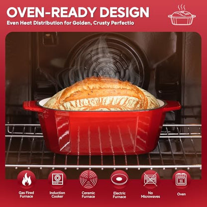 Enameled Cast Iron Dutch Oven for Bread Baking – 3QT Oval Round Heavy Duty Bread Pan with Lid, Non-Stick Ceramic Coating,Loaf Cast Iron Bread Oven for Sourdough, Baking, Roasting, Braising, Stovetop & Oven Safe