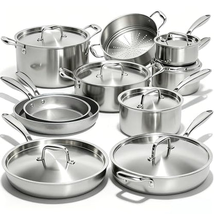 Umite Chef 17Pcs 5 Ply Clad Stainless Steel Cookware Set with Lids, Heavy Duty Pots and Pans Kitchen Set, Induction-Ready, Dual Aluminum Core for Even Heat, Cool Grip Handles, Dishwasher Safe