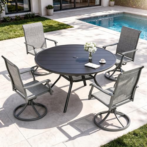 bigget 5 Piece Patio Dining Set for 4, Round Patio Table with Umbrella Hole and Highback Swivel Chairs 450LBS, All Weather Durable Sturdy Powder-Coate 4 Person Outdoor Dining Set for Outside, Grey