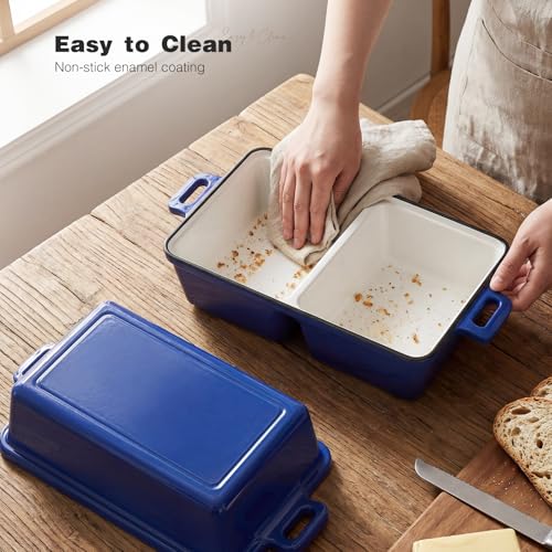 SEFILENCE Double Dutch Oven for Sourdough Bread Baking,Enameled Cast Iron Dutch Oven with Lid,Double-Chamber Square Mini Sourdough Loaf Pan for Homemade Bread,Dark Blue(Patent Has Been Applied for)