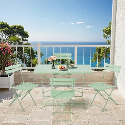 MELLCOM 5-Piece Foldable Patio Dining Set with Rectangular Table and Chairs, Weather-Resistant Iron Outdoor Dining Set for 4 People, Outdoor Table and Chairs for Patio, Yard, Indoor, Green