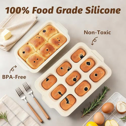 Silicone Bread Loaf Pan Set: 9.5 x 5 Inch Loaf Mold with Metal Frame and Nonstick Mini Bread Pan for Homemade - for Baking Banana Rye Cornbread Meatloaf Oven - Brownie Tray for Home Baker (Beige)