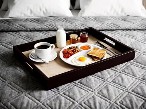 Dark Brown Bamboo Serving Tray Set of 2 with Handles, Nesting Wooden Trays for Serving Food & Drinks, Rectangular Coffee Table Ottoman Tray for Living Room Decor, Large 16.9” & Small 15.6”