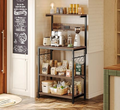 SUPERJARE Kitchen Bakers Rack with Power Outlet, Coffee Bar Table 4 Tiers, Kitchen Microwave Stand with 6 S-shaped Hooks, Storage Shelf Rack for Spices, Pots and Pans - Rustic Brown