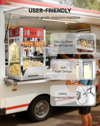 32 Oz Commercial Popcorn Machine, Large Popcorn Maker Machine, Movie Theater Countertop Pop Corn Machine with 3-Switch Control & Tempered Glass Doors, Red