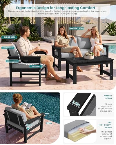 SERWALL HDPE Outdoor Loveseat with Cushion, Outdoor Sectional Furniture Set