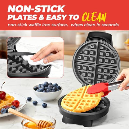 Waffle Maker, 7“ Round Classic Belgian Waffle Iron, Adjustable Browning Control, Easy-Clean Nonstick Plates & Cool Touch Handle, Space Saving Storage, Stainless Steel