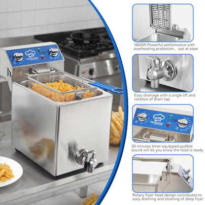 TOPKITCH 8.5Qt Electric Fryer with Oil Drain,30 Minutes Timer,Stretch forming oil tank,Lid and Solid Wire Mesh Basket,Medium Duty Commercial Electric Countertop Deep Fryers-120V,1800W