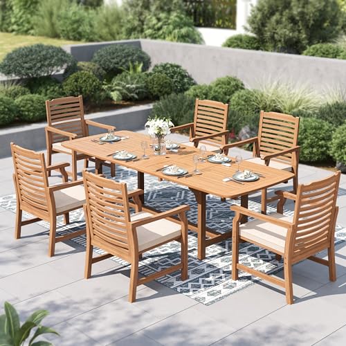 PHI VILLA 7pc Outdoor Dining Set, Expandable Wood Table w/Umbrella Hole