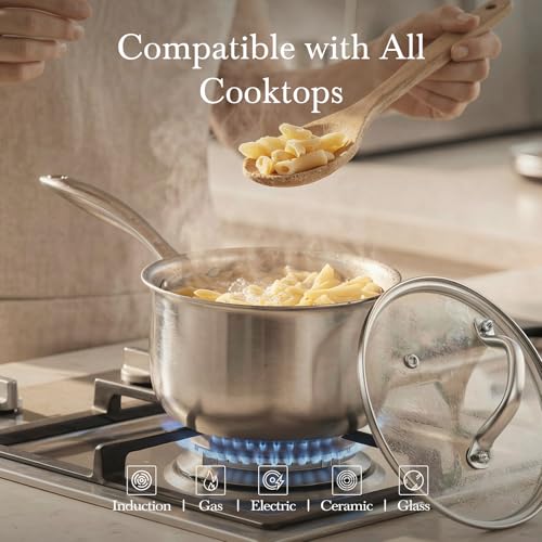 Idymere Tri-ply Stainless Steel Pot - 1.5 Qt & 2.5 Qt Heavy Duty Sauce Pan with Lid, Nonstick Stainless Steel Cookware Set Cooking Pot, Multipurpose Saucepan with Stay Cool Handle