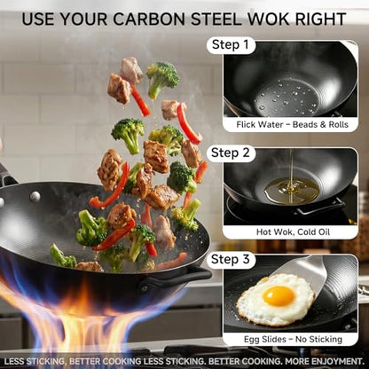 SUMEIGUAN 13.5" Carbon Steel Wok Pan - Pre-Seasoned Flat Bottom Woks & Stir-fry Pans Chinese Cookware with Lid & Spatula - For Pan-fry,Stir Fry, Steam, BBQ & Camping - Compatible with Induction, Gas