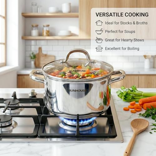 SUNHOUSE Whole-Clad 12-Quart Stainless Steel Stock Pot with Lid - Professional Whole Body Clad Stock Pot - Induction Ready, Oven Safe Dishwasher Safe Cooking Pot
