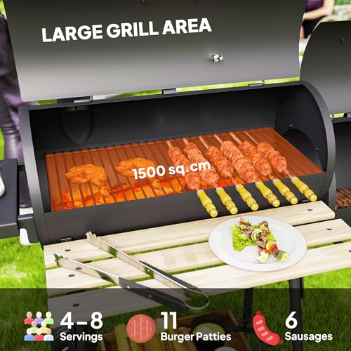 Outsunny Charcoal Grill with Offset Smoker, 231 Sq.In. Cooking Area, Barrel BBQ Grill and Smoker Combo with Side Tables, Shelf, Thermometer, Wheels for Outdoor Patio Backyard Party Event Gathering