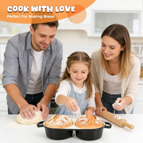 Mini Double Dutch Oven for Sourdough Bread Baking, Enamelled Cast Iron Bread Pan with Lid, Double Round Loaf Space, 16.5cm Diameter, Mini Double Dutch Oven for Homemade Baking (Black)
