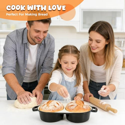 Mini Double Dutch Oven for Sourdough Bread Baking, Enamelled Cast Iron Bread Pan with Lid, Double Round Loaf Space, 16.5cm Diameter, Mini Double Dutch Oven for Homemade Baking (Black)