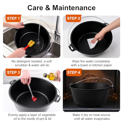 Blingco 8QT Pre-Seasoned Cast Iron Camp Dutch Oven with Lid, Large Camping Dutch Oven Pot, incl. Lid Lifter - Dual Handles - for Outdoor Campfire, Grill, Oven & Stovetop Cooking-Black