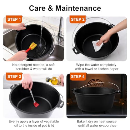 Blingco 8QT Pre-Seasoned Cast Iron Camp Dutch Oven with Lid, Large Camping Dutch Oven Pot, incl. Lid Lifter - Dual Handles - for Outdoor Campfire, Grill, Oven & Stovetop Cooking-Black