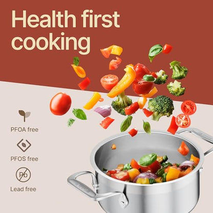 Stainless Steel Stockpot with Lid 2 Quart, Durable 18/8 Stainless Steel, Impact-Bonded Base for Even Heating, Riveted Handles, Oven & All Stove Compatible, Safe Up To 500°F (260°C)