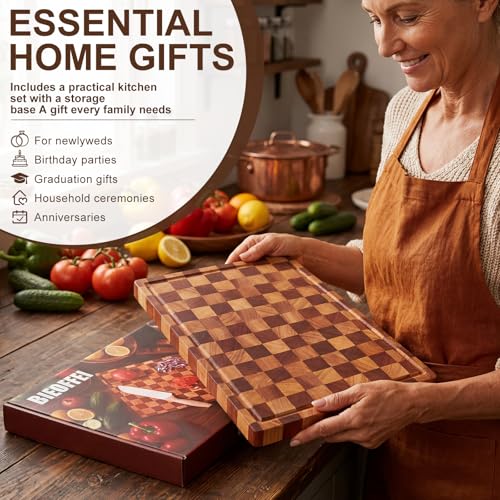 BIEOFFEI Checkered Cutting Board with Stand, Dual-Sided Wood Cutting Board with Juice Groove, 16.5x11.6 Inch Butcher Block Serving Tray, Chopping Board for Kitchen Gifts