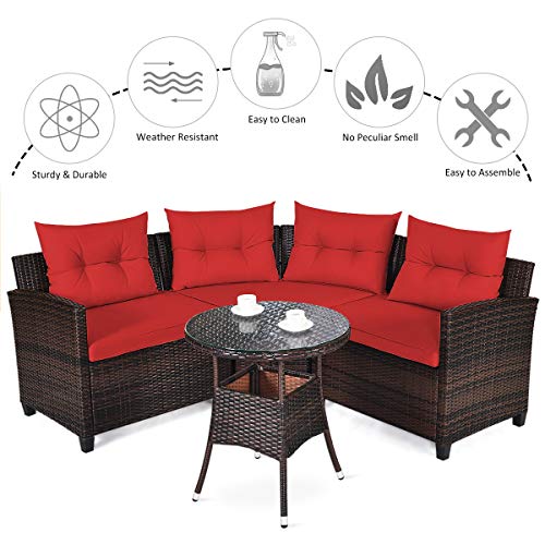Tangkula 4-Piece C Shape Patio Furniture Set, Outdoor Corner Wicker Rattan Sectional Cushioned Sofa Set, with Glass Coffee Table, for Garden Poolside Balcony (Red)
