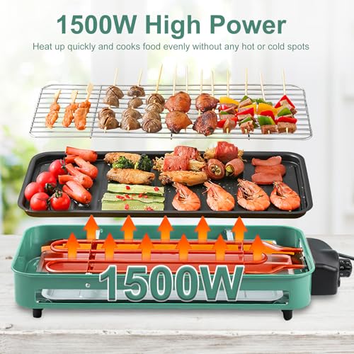 Electric Indoor Grill Smokeless, 1500W 2-in-1 Korean BBQ & Raclette Table Grill with Non-Stick Removable Plates, 5-Temp Control, Dishwasher Safe, Portable Indoor Grills for Kitchen & Family