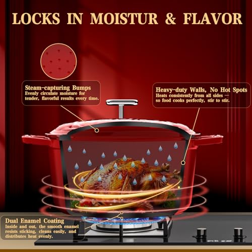 DUTZUN Enameled Cast Iron Dutch Oven - 5 Quart, Exclusive Designed Crab Lid (Patent Pending), Oversized Knob, for Bread Baking Braiser, Cooking Stock Pot - Red