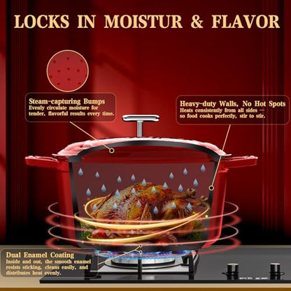 DUTZUN Enameled Cast Iron Dutch Oven - 5 Quart, Exclusive Designed Crab Lid (Patent Pending), Oversized Knob, for Bread Baking Braiser, Cooking Stock Pot - Red