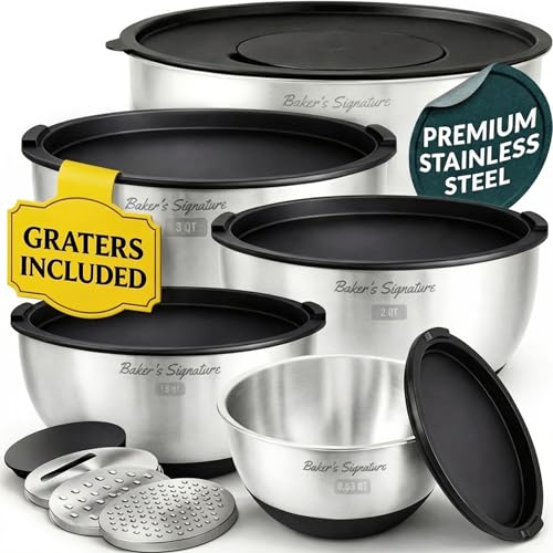 Baker's Signature Stainless Steel Mixing Bowls with Lids Set, 5 Sizes, 3 Graters, Non-Slip Base, Airtight Lids, Metal Mixing Bowls for Kitchen, Food Prep, Storage, 0.63QT-5QT, Black