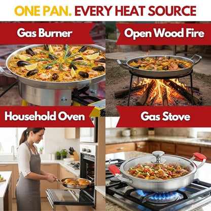 Paelluxe 13 Inch Tri-Ply Stainless Steel Paella Pan with Lid for 6 Servings - Includes Hot Handle Holders - Induction, Oven and Dishwasher Safe Skillet, Indoor Outdoor Cooking Cacerola Paellera Sarten