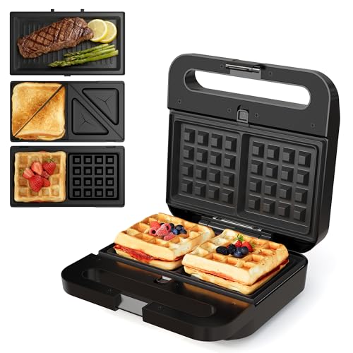 3 in 1 Electric Sandwich Maker with Removable Nonstick Plates - 1000W,Black