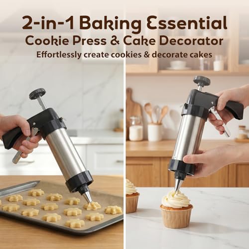 Stainless Steel Cookies Press, Cookie Press Gun Kit with 13 Cookie Discs and 8 Piping Tips, Durable Butter Cookie Shooter for DIY Various Cookies and Cake Maker